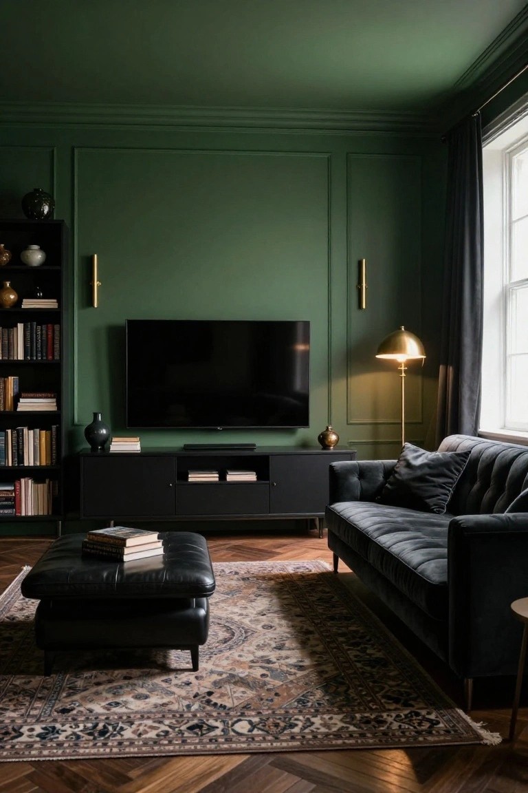 A living room with deep green paneled walls, black TV console and leather ottoman, black velvet tufted sofa, bookshelves, gold lamps, and parquet wood flooring under a patterned rug.