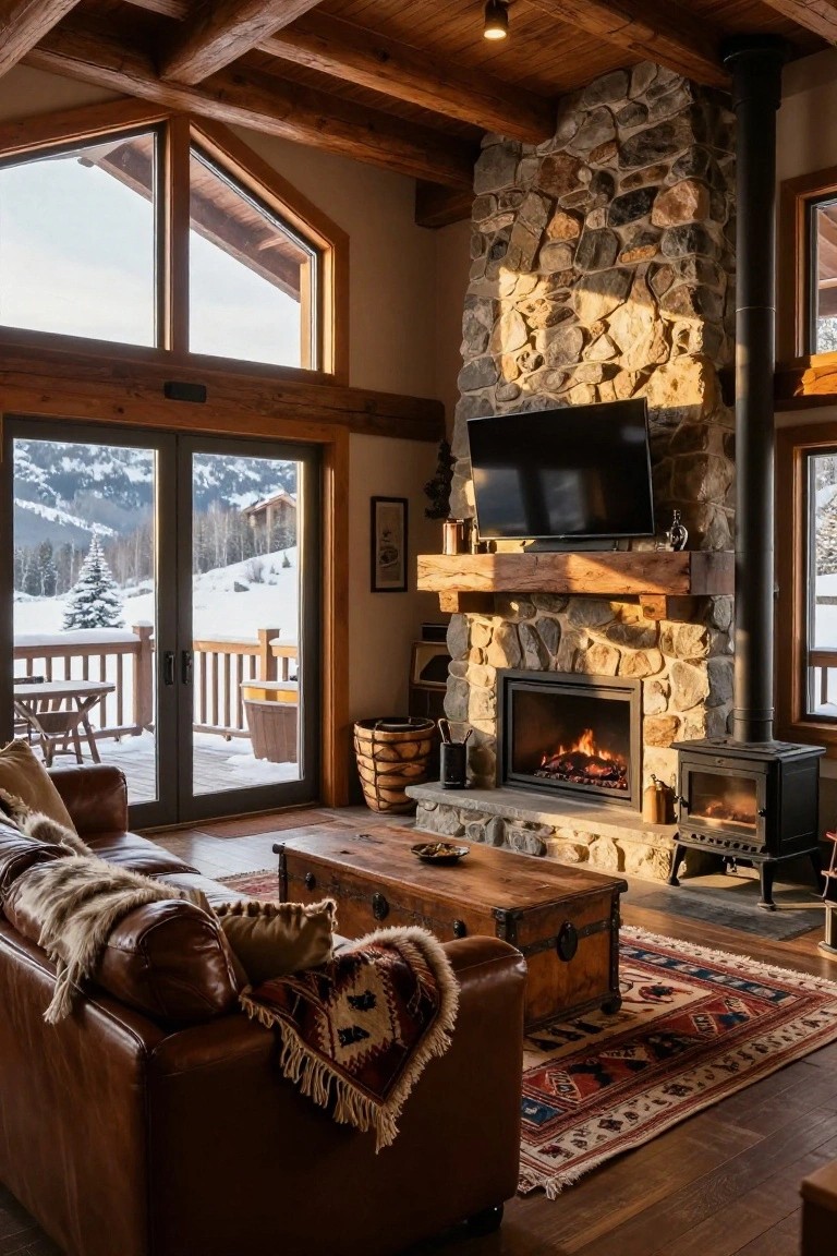 Cozy living room interior with wooden beams, large stone fireplace and wood stove, mounted TV on mantel, brown leather sofa with throws, wooden coffee table, and large windows showing snowy mountain view and deck.