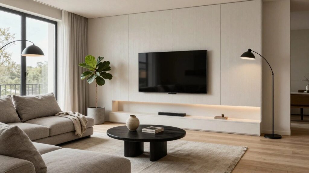 19 Cozy Living Room With TV Designs That Look Great Modern living room with wall-mounted black TV on white shiplap wall flanked by oak floating shelves, low oak media console matching oak flooring, gray L-shaped sofa, round wooden coffee table, fiddle leaf fig plant, and large window with sheer curtains.