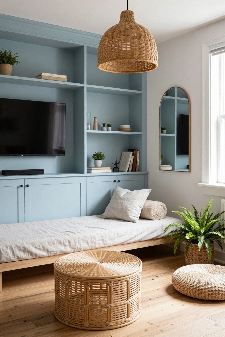 Light blue built-in shelving and cabinets surround a wall-mounted TV in a living room with a low white daybed, woven basket stool, poufs, plants, and a rattan pendant light over hardwood floors.