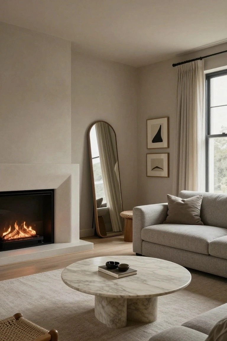 A minimalist living room with beige walls, a lit gas fireplace, curved white marble coffee table, light gray sofa, tall arched floor mirror, woven stool, and sheer curtains on large windows.