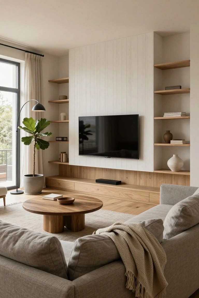 Modern living room with wall-mounted black TV on white shiplap wall flanked by oak floating shelves, low oak media console matching oak flooring, gray L-shaped sofa, round wooden coffee table, fiddle leaf fig plant, and large window with sheer curtains.
