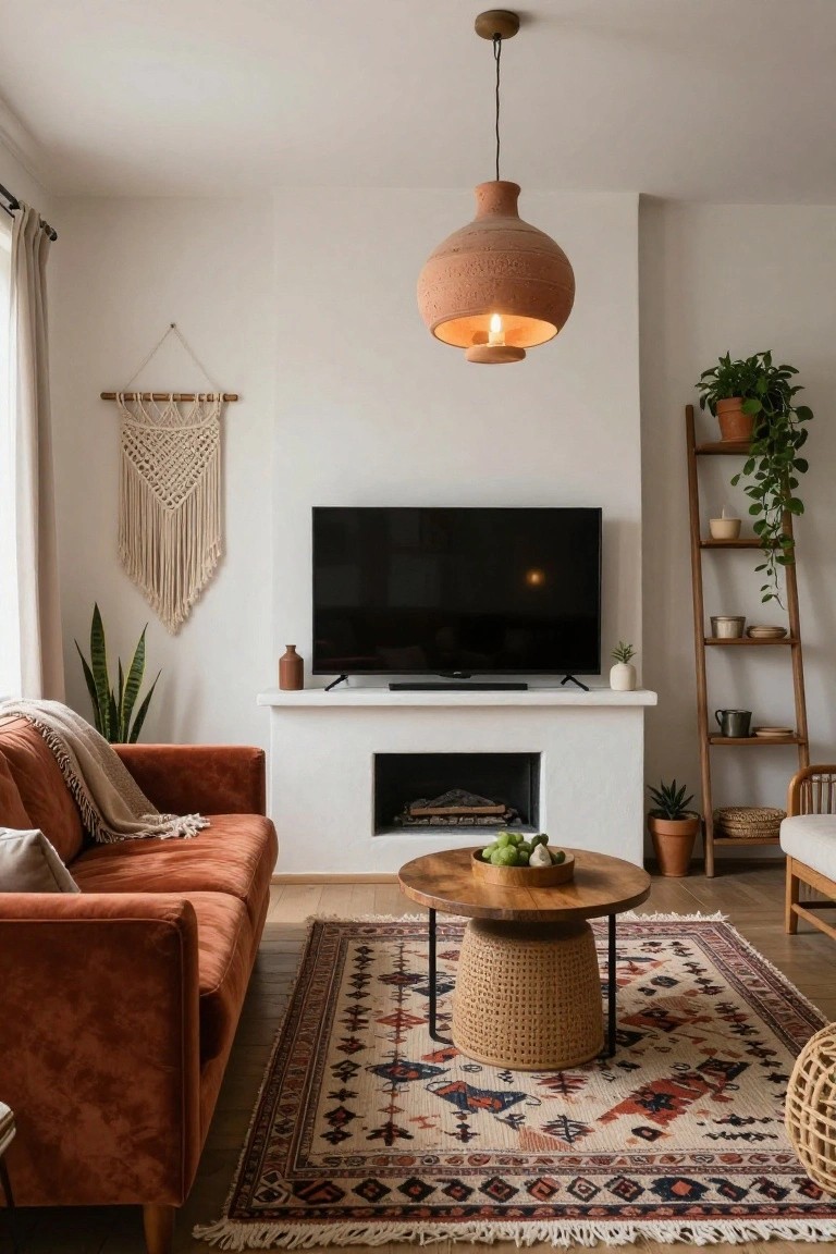 Living room with rust velvet sofa facing a TV mounted above a white fireplace, terracotta pendant light overhead, macrame wall hanging, ladder plant shelf, patterned rug, and woven basket coffee table on wood floors.
