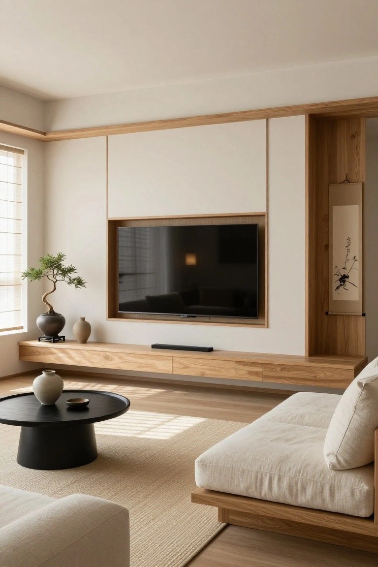 A minimalist living room with a large flat-screen TV recessed into a light wood wall unit featuring shelves with plants and vases, a floating wooden media console below, low beige sofa, black round coffee table, and beige rug on light wood floors next to a window with shoji screens.