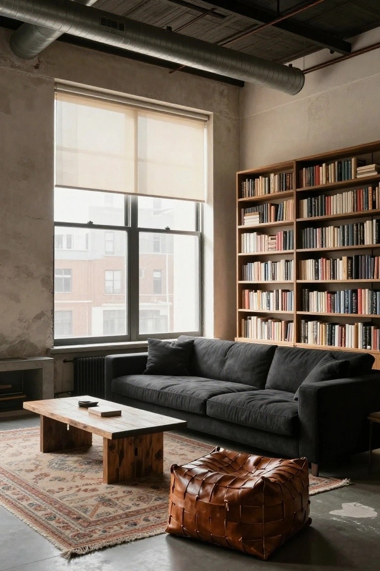 Industrial loft living room featuring tall wooden bookshelves beside large windows with sheer blinds, black velvet sofa, low wooden coffee table, woven leather pouf, and patterned rug on concrete floor with exposed ducts overhead.