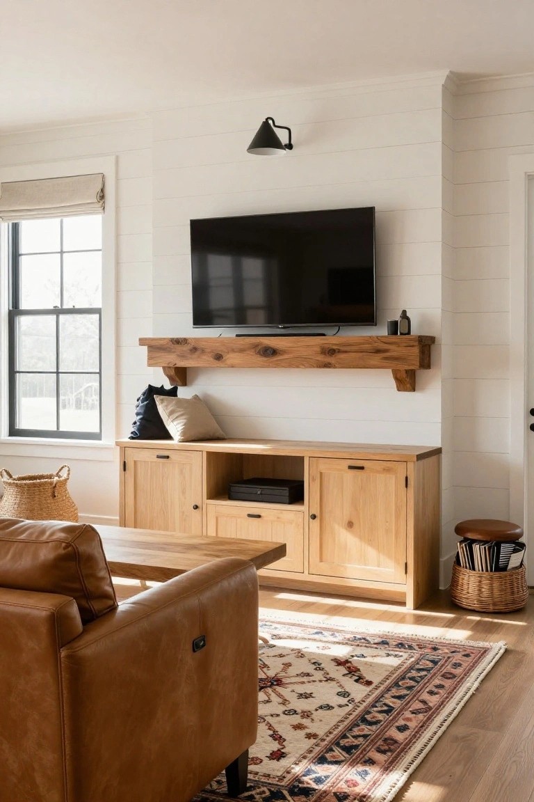 White shiplap wall in a living room with black TV below rustic wooden mantel shelf, wooden media cabinet underneath, brown leather sofa nearby, woven baskets, and patterned rug on light wood floors.