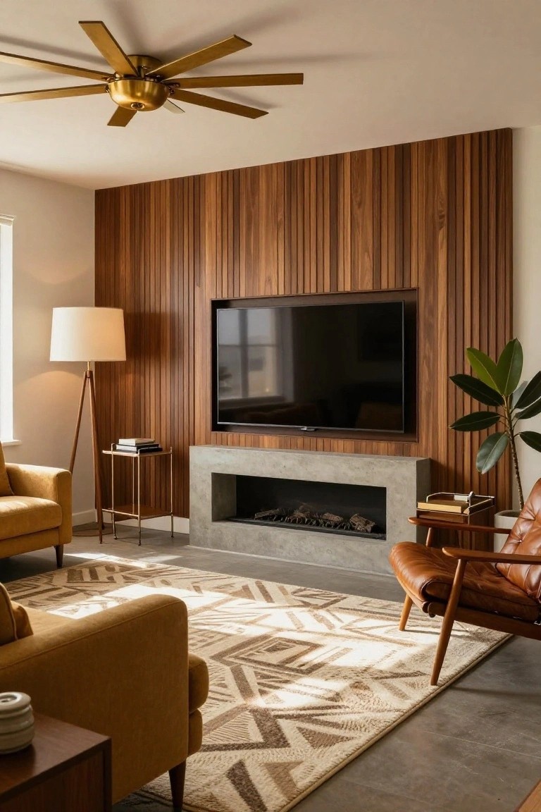 Modern living room with vertical slatted wood accent wall featuring recessed TV above concrete fireplace hearth, mustard yellow sofas, tan leather armchair, tripod floor lamp, potted plant, gold side tables, geometric rug, and brass ceiling fan.