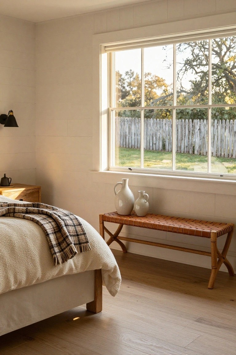 Bedroom interior with white shiplap walls, large multi-pane window showing backyard fence and trees, rattan bench at foot of bed holding two white ceramic vases, bed with white textured bedding and plaid throw, wooden nightstand with teapot.