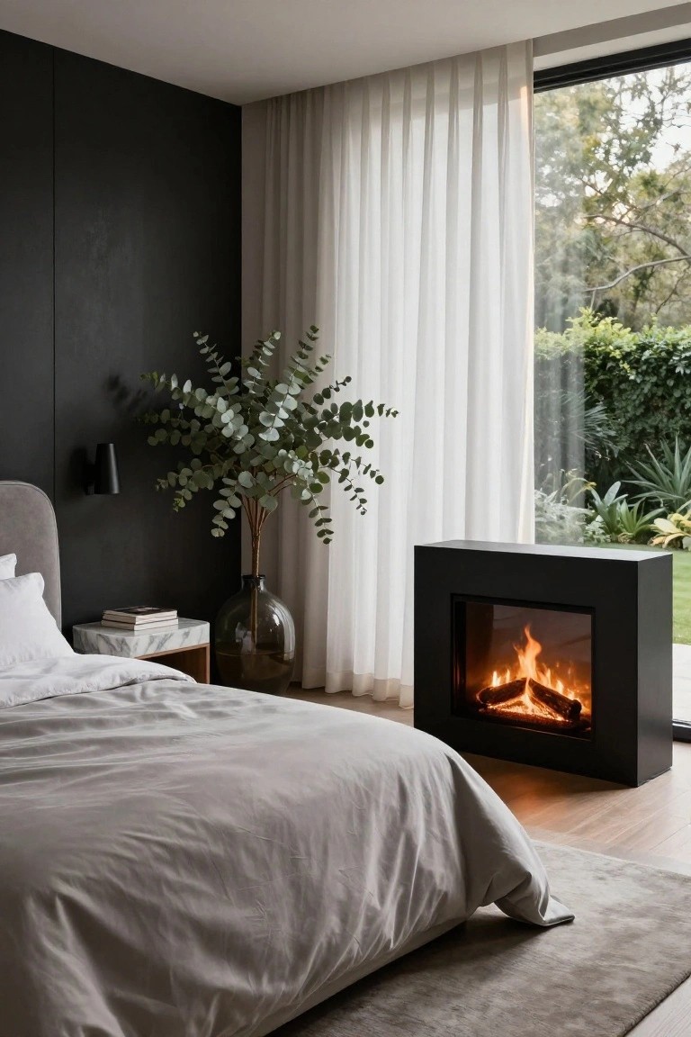 Modern bedroom featuring a gray upholstered bed with white sheets, marble nightstand, tall eucalyptus plant in glass vase, black built-in linear fireplace at the foot of the bed with active flames, sheer white curtains on large windows overlooking a garden, and dark wood-paneled wall.