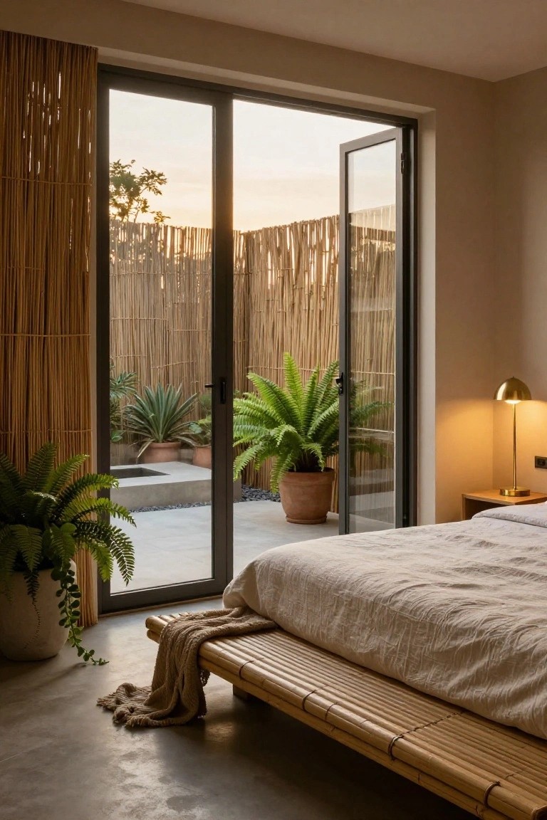 Modern bedroom interior featuring a low bamboo platform bed with neutral linens, potted ferns on the floor, a gold lamp on a bedside table, and large open glass sliding doors revealing a small outdoor courtyard with plants, bamboo fencing, and gravel at sunset.