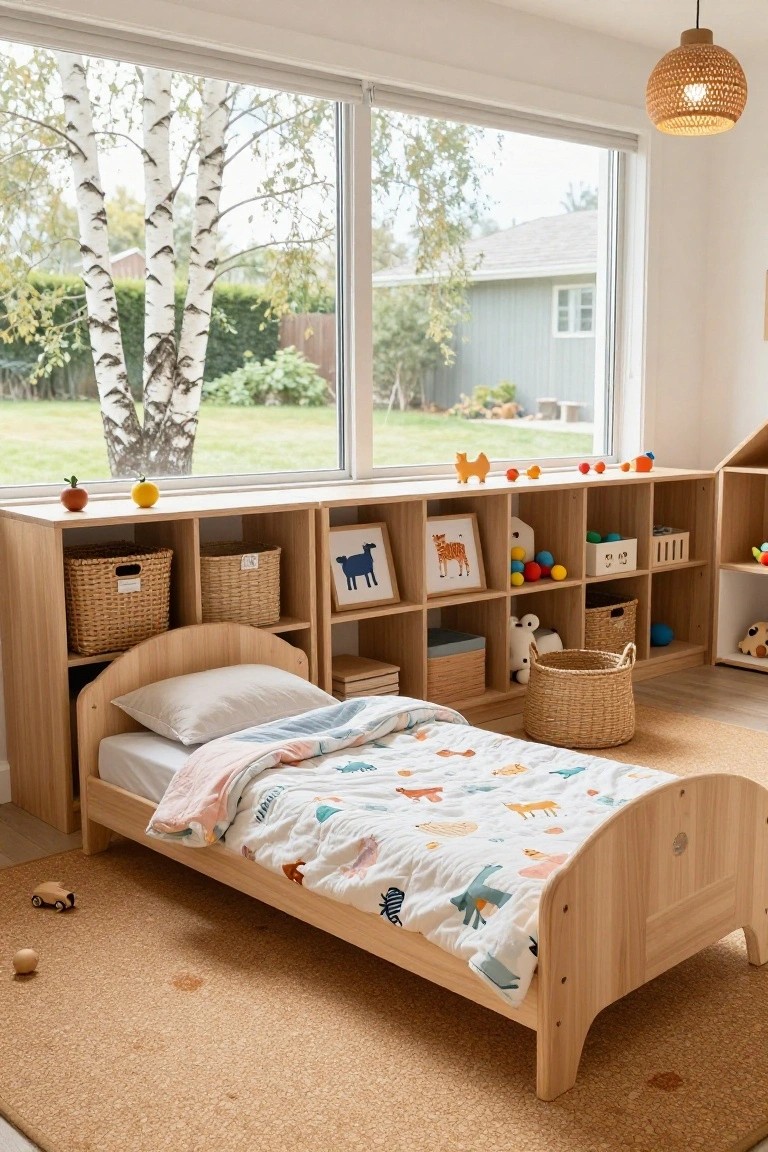 A modern child's bedroom with a low natural wood bed integrated into tall bamboo shelving units filled with toys, books, baskets, and small decor items, positioned by a large window overlooking birch trees and a garden.