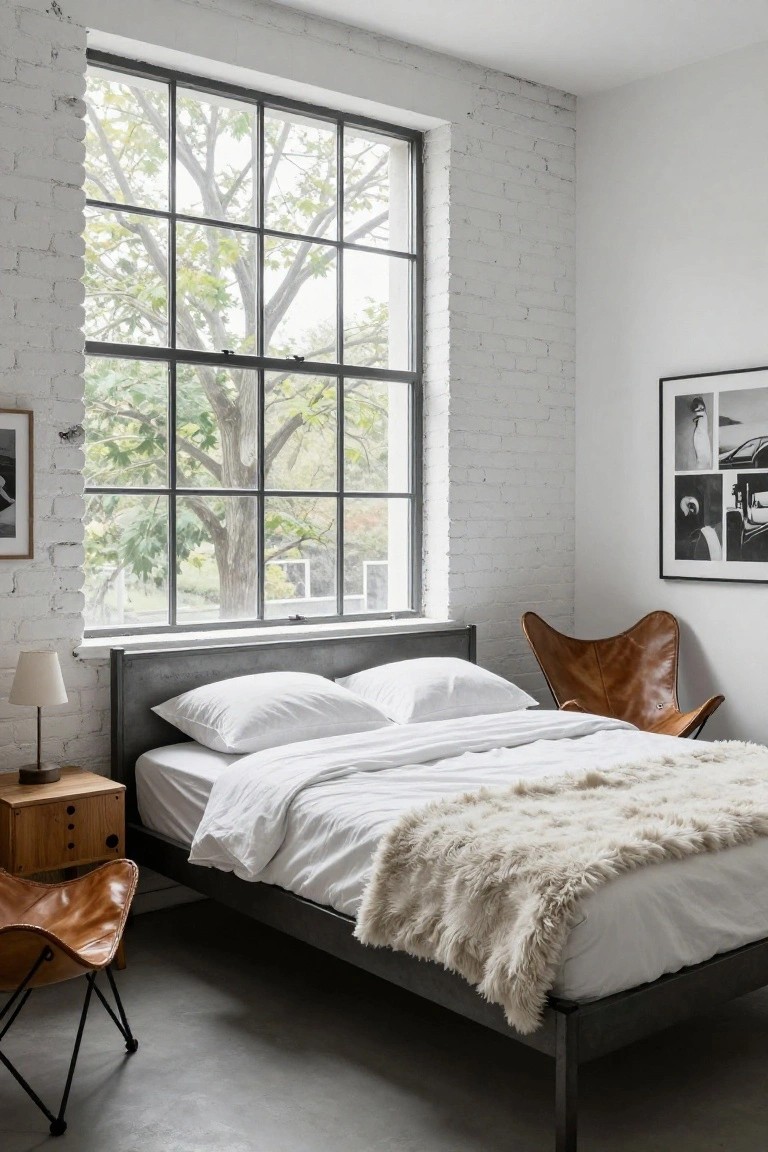 Modern bedroom with whitewashed exposed brick walls, large black steel-framed window showing trees outside, black metal bed frame with white sheets pillows and light fur throw, two tan leather wingback chairs, wooden nightstand with lamp, on gray concrete floor.