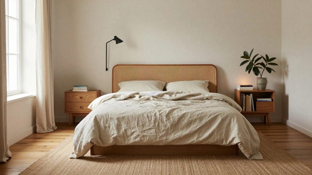 A cozy bedroom interior with a low wooden platform bed featuring a rattan headboard, white linen bedding with pillows and an open book, matching wooden nightstands holding lamps and books, sheer curtains on a large window, a potted plant on a wall shelf, and light wood floors with a seagrass rug.