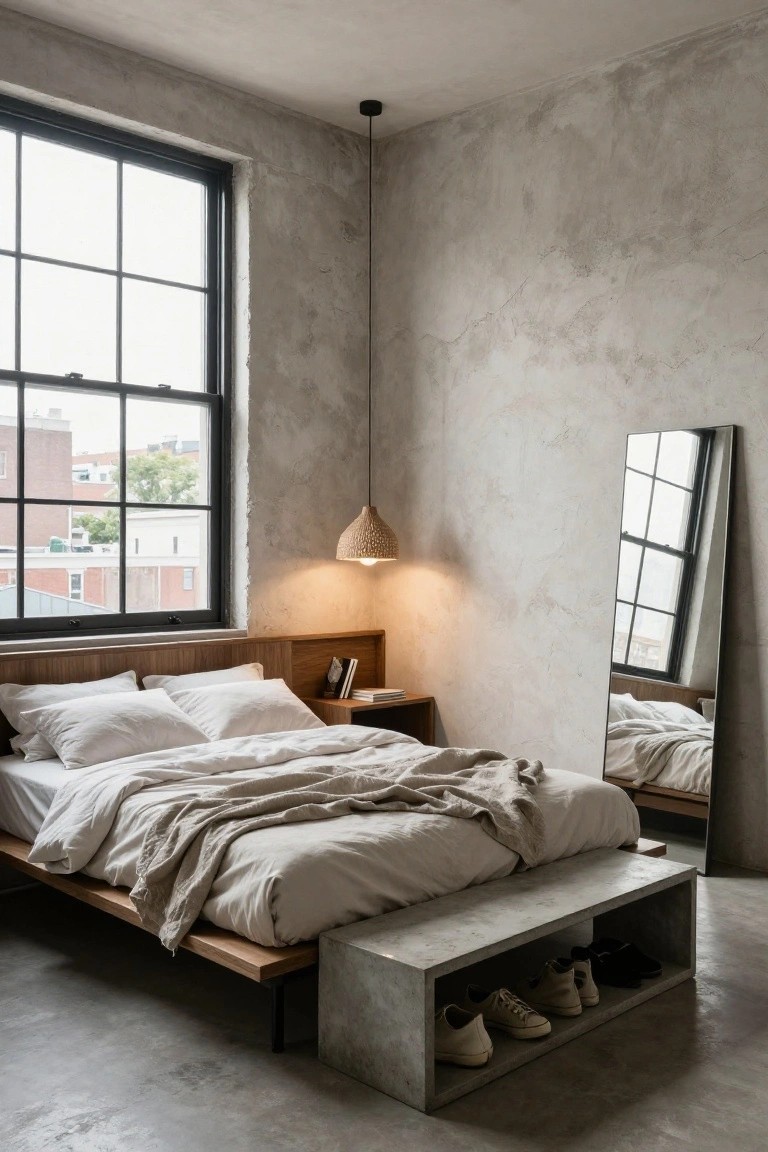 Modern bedroom featuring exposed concrete walls and polished concrete floor, wooden platform bed with white linen bedding and throw, concrete bench at foot of bed storing white sneakers and black slippers, tall slim mirror, rattan pendant light, and large black-framed window overlooking brick buildings.