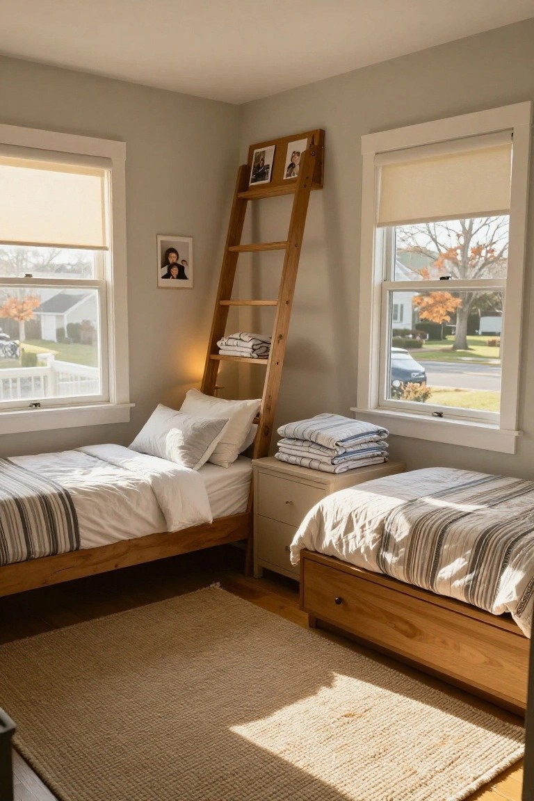 A bedroom corner with two wooden twin beds covered in white and striped linens, a tall wooden ladder shelf stacked with folded blankets beside one bed, light gray walls, and two windows with beige shades showing an autumn view outside.