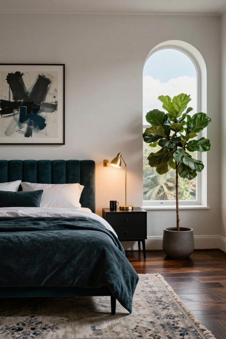 Modern bedroom interior with navy velvet tufted bed headboard and bedding, white walls, arched window with fiddle leaf fig plant, brass wall lamp and nightstand, hardwood floors, and patterned rug.