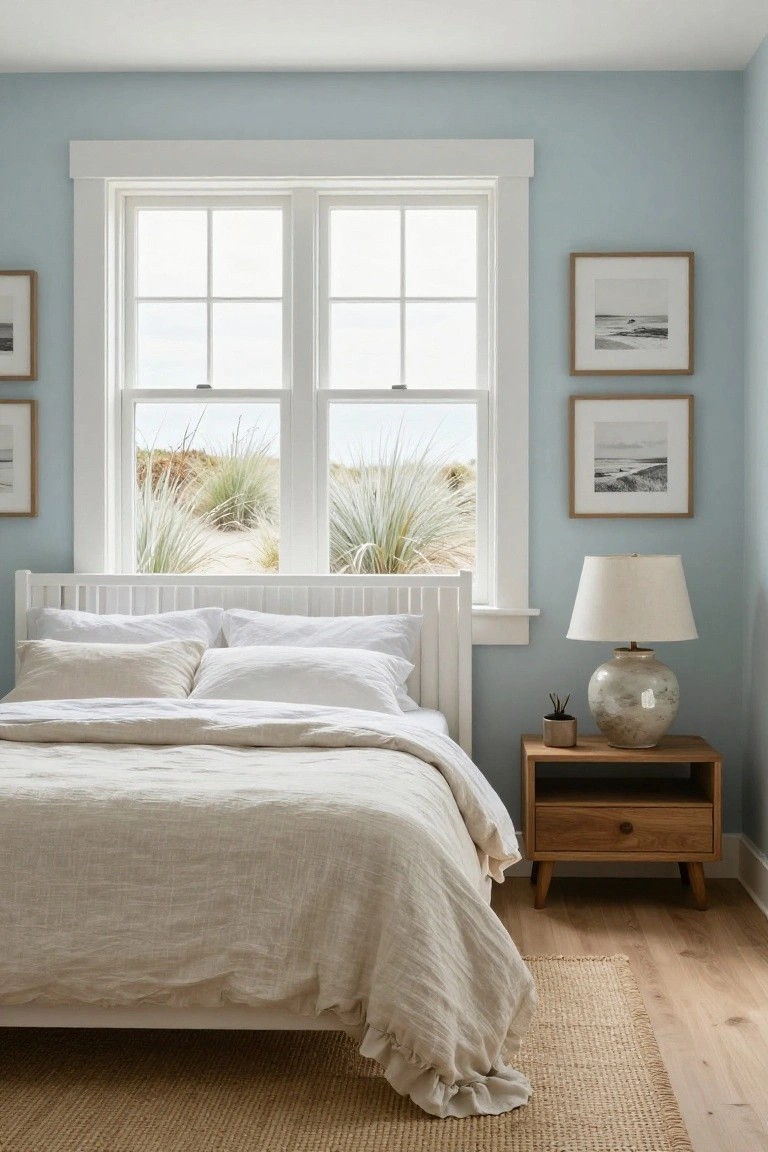 Light blue bedroom with white wooden bed frame, white and beige linens, wooden nightstand with ceramic lamp and plant, framed photos on walls, and large windows overlooking sand dunes and sea oats.