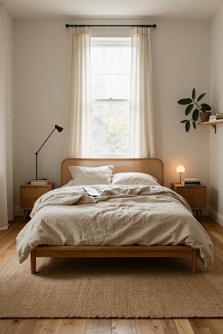 A cozy bedroom interior with a low wooden platform bed featuring a rattan headboard, white linen bedding with pillows and an open book, matching wooden nightstands holding lamps and books, sheer curtains on a large window, a potted plant on a wall shelf, and light wood floors with a seagrass rug.