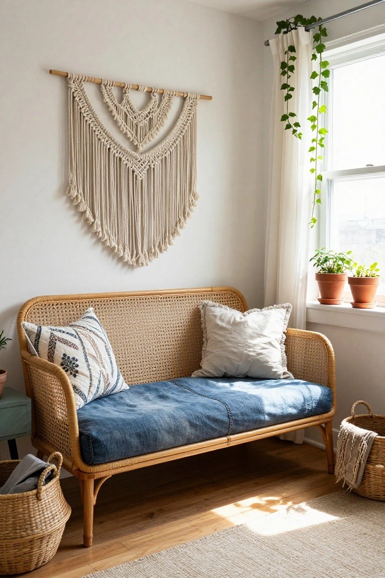 Beige rattan loveseat with blue denim seat cushion, patterned and white pillows, positioned in sunlit white-walled room corner under large cream macrame wall hanging, with ivy-draped window, potted plants, and wicker baskets nearby.