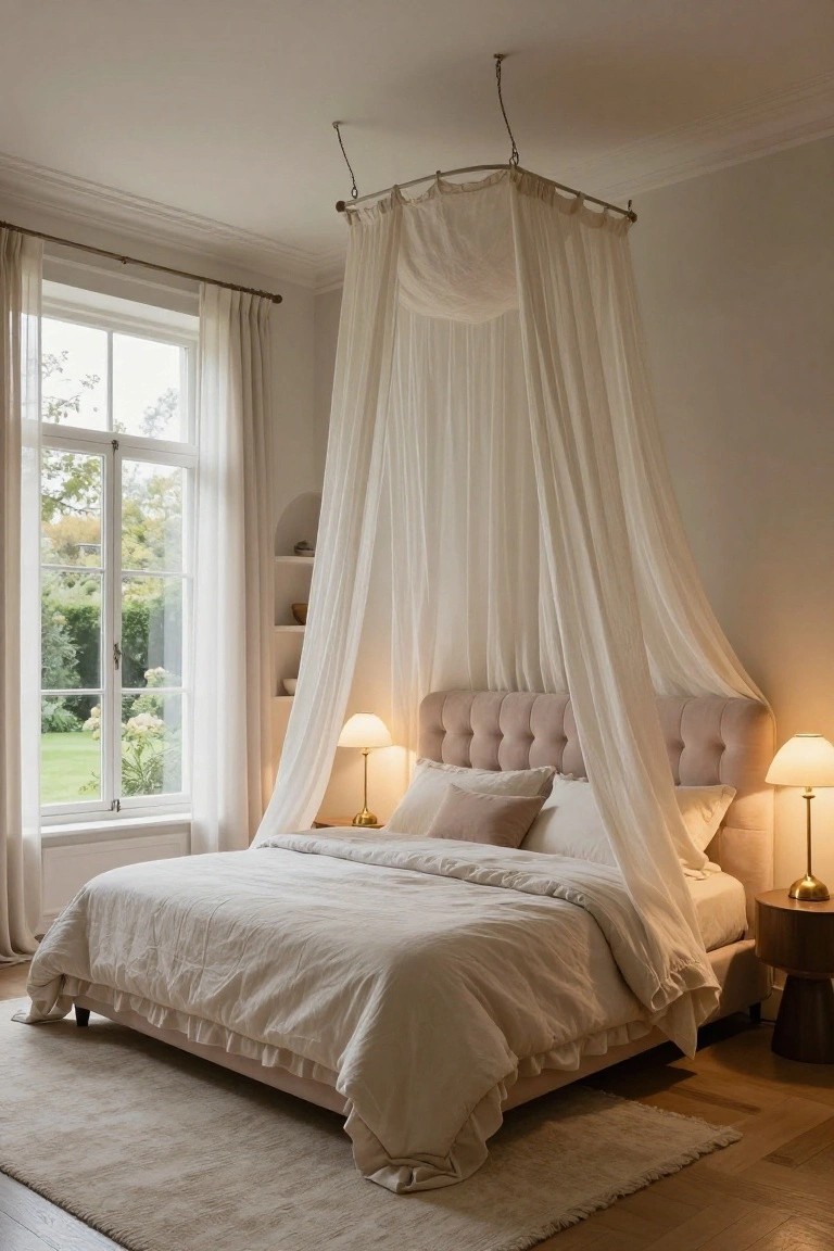 A bedroom with a blush pink tufted upholstered bed under a white sheer canopy suspended from the ceiling, flanked by two bedside lamps on nightstands, large windows with sheer curtains overlooking a garden, and light wood flooring with a beige rug.