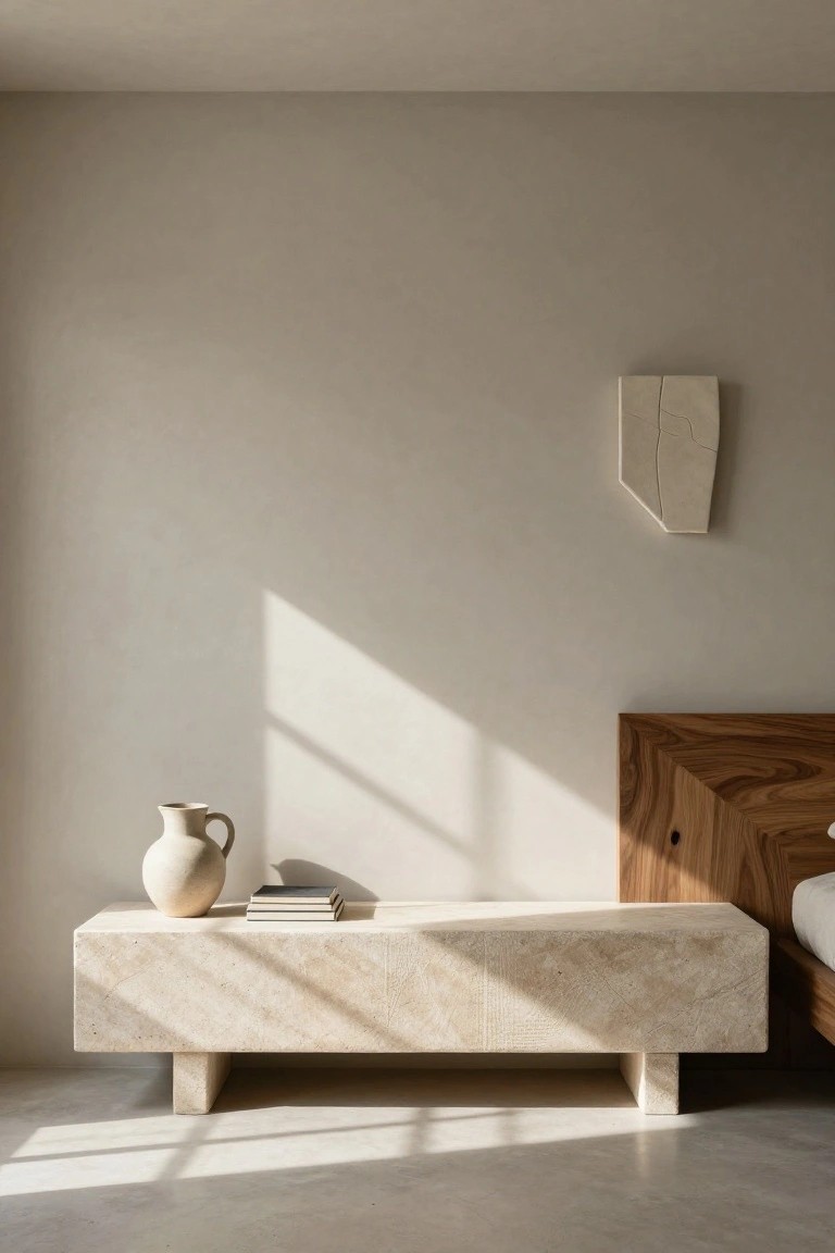 A minimalist bedroom with a low rectangular beige stone bench at the foot of a wooden bed frame, a ceramic jug and stacked books on the bench, a stone wall sculpture nearby, and sunlight casting shadows through a window.
