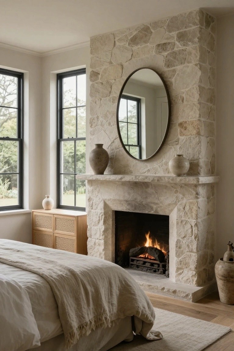 Modern bedroom with tall beige stone fireplace wall, round mirror and ceramic vases on mantel above lit fire, king bed with white linens and tan throw, rattan cabinet, black-framed windows showing trees and plants outside, light wood floors and white rug.