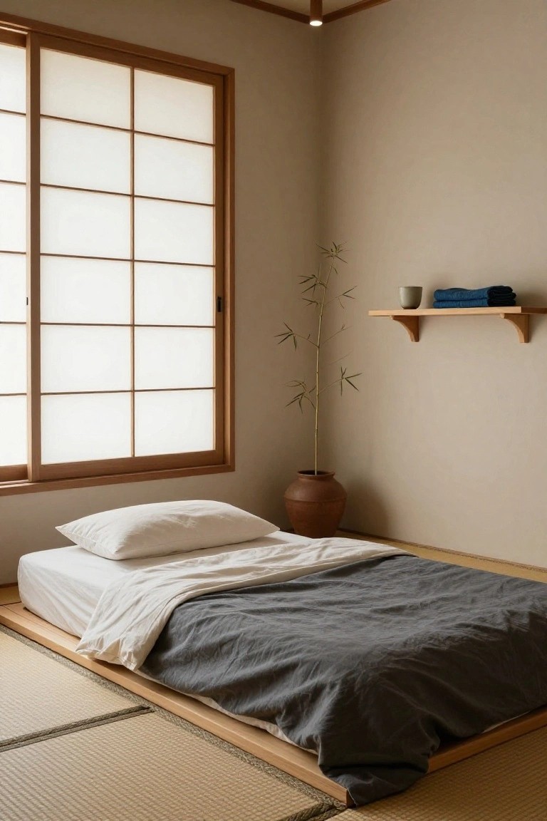 Minimalist indoor bedroom with tatami mat flooring, low futon bed with white and gray sheets, shoji screen window, bamboo plant in terracotta pot, wooden shelf holding blue towels and ceramic cup.