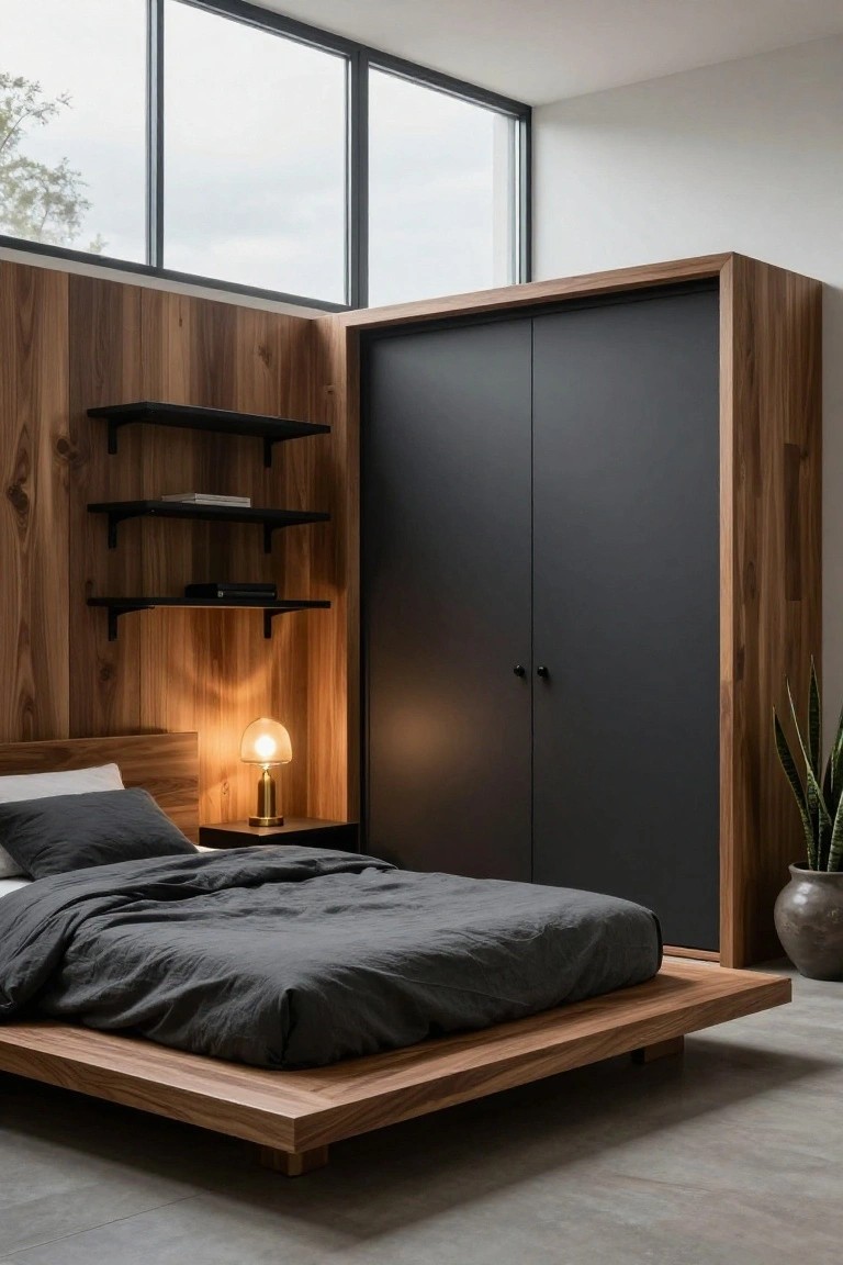 Modern bedroom with low wood platform bed draped in gray linens, brass lamp on nightstand, wood-paneled accent wall with black floating shelves, tall wardrobe with matte black doors and wood frame, potted plant, and large corner windows.