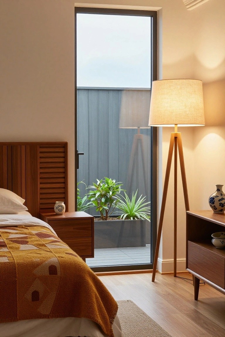 Modern bedroom interior with wooden slatted headboard, bed topped with orange patterned throw, wooden nightstand and dresser, tripod floor lamp, and floor-to-ceiling sliding glass door revealing potted plants outside.