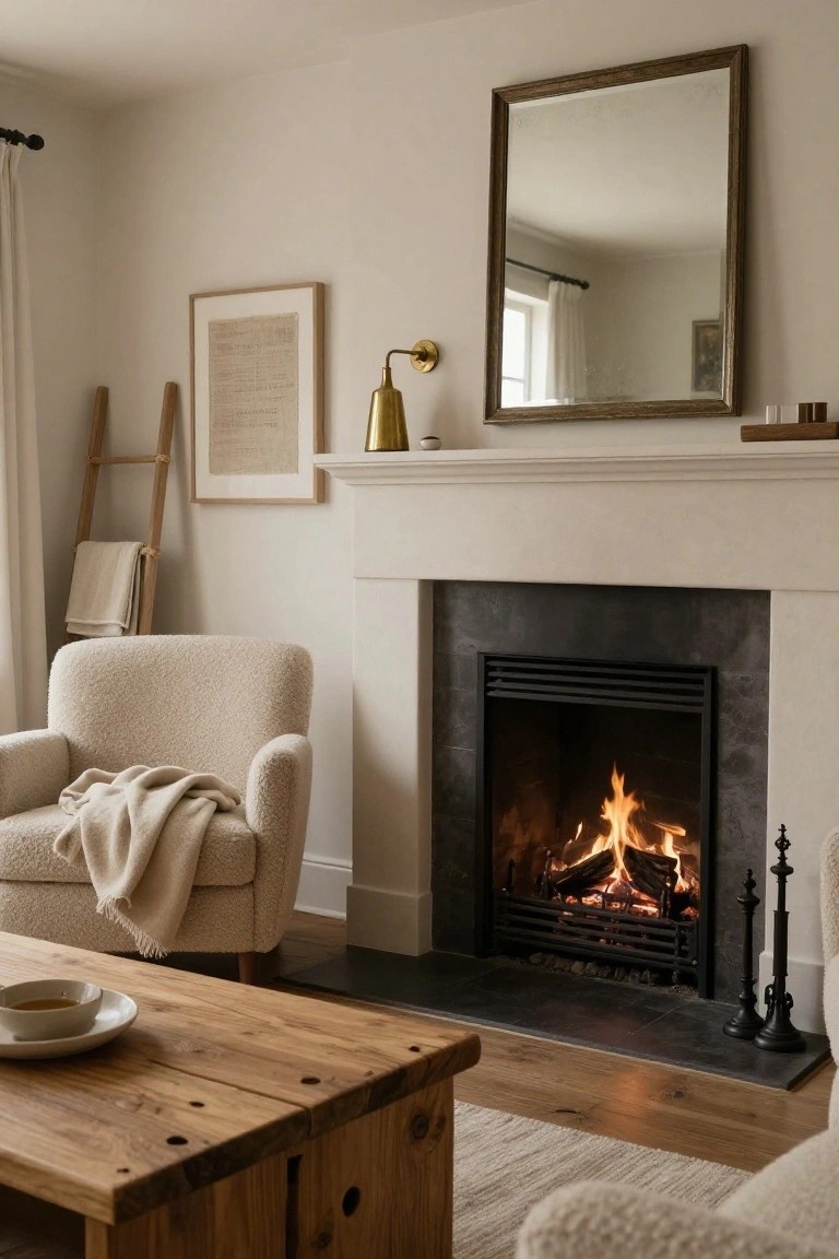 Cozy living room interior with a lit black fireplace on a white mantel, cream bouclé armchair with draped throw, wooden coffee table holding a white bowl, gold wall lamp, ladder shelf, neutral artwork, and beige rug on wood floors.