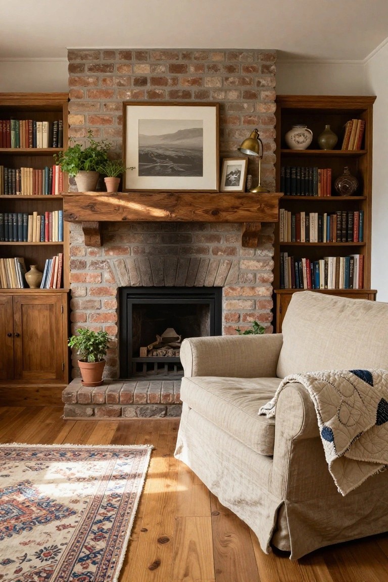 Living room with exposed brick fireplace under wooden mantel, flanked by wooden bookshelves filled with books and decor, cream armchair with throw blanket, potted plants, and patterned rug on hardwood floor.