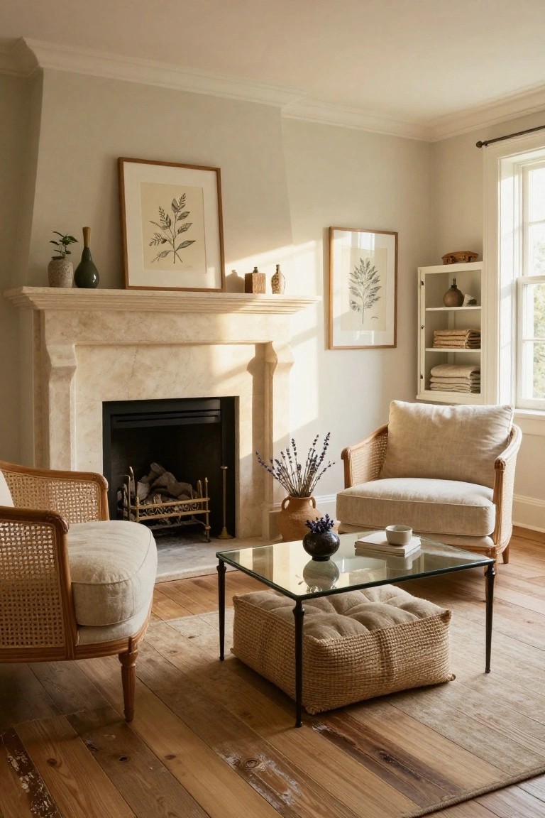 A living room with a beige stone fireplace, two rattan armchairs with cream cushions facing it, a glass coffee table with a beige pouf, neutral walls, wooden floors, and botanical artwork above the mantel.