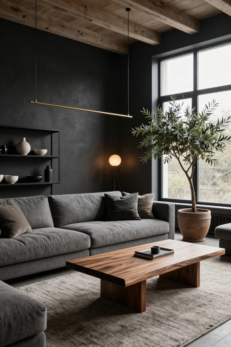 Living room with dark textured walls, exposed wooden beam ceiling, gray L-shaped sofa, live-edge wooden coffee table, black metal shelving unit holding ceramics and vases, large potted olive tree by a tall window, floor lamp with white shade, and neutral rug.
