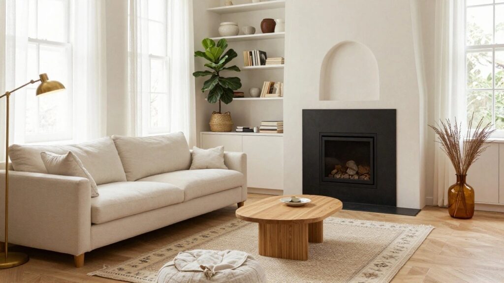 Light-filled living room interior with white slipcovered sofa, low wooden coffee table on beige rug, white bookshelves with ceramic pots and books, potted fiddle leaf fig plant, fireplace, and large window with white curtains on oak floors.