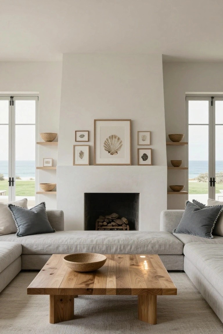 Neutral living room with minimalist white fireplace stacked with firewood, flanked by floating wooden shelves holding woven baskets and framed shell artwork, large L-shaped light gray linen sofa facing a square oak coffee table with woven basket, and large windows overlooking ocean and green lawn.