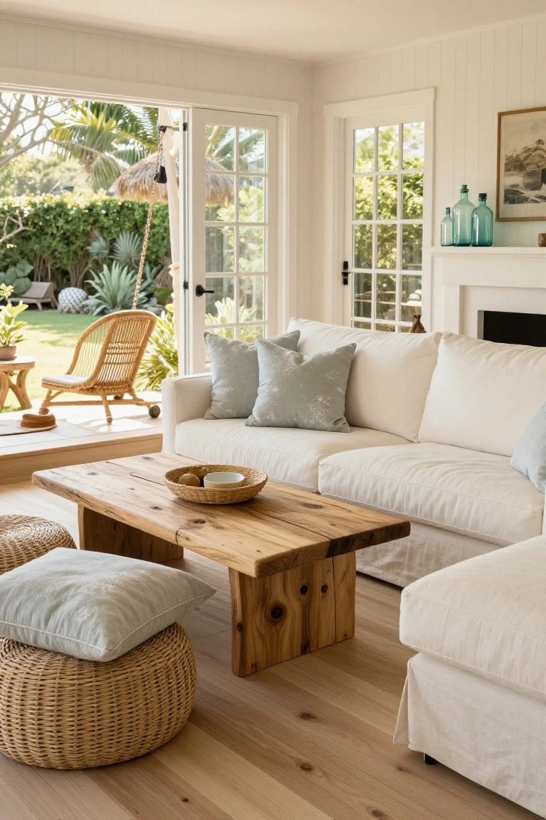 Bright living room with white sofas, a wooden coffee table, and woven poufs.