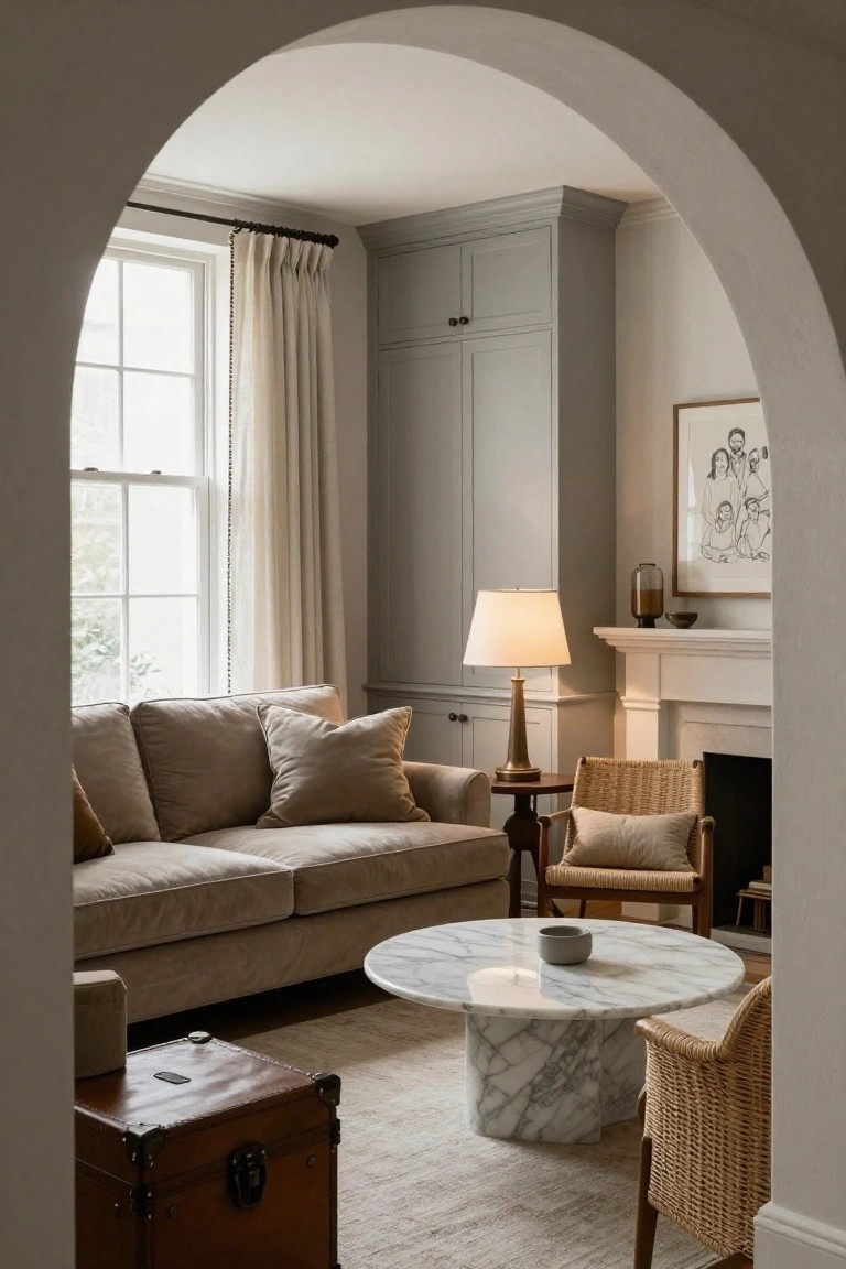 Arched doorway framing a neutral-toned living room with beige upholstered sofa, white marble pedestal coffee table, rattan chairs with beige cushions, wood side table, lamp, fireplace, and beige rug.