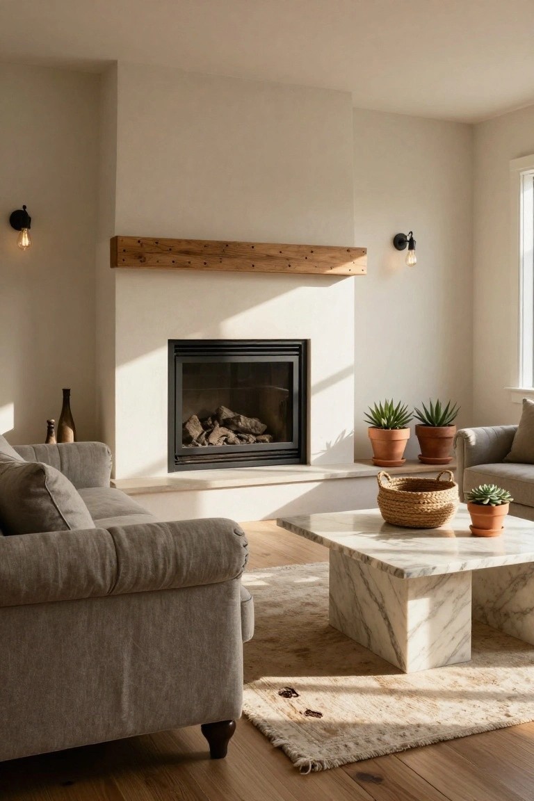 Neutral living room with white plaster walls, a black-framed fireplace under a rough wooden beam mantel, gray linen sofa, white marble coffee table, potted plants, and wall sconces.
