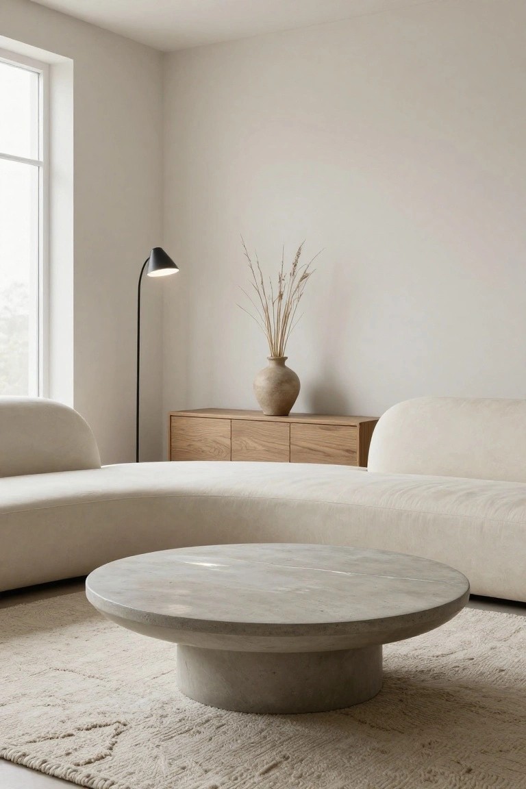 A cozy living room corner with a large curved cream sofa, round gray concrete pedestal coffee table on a beige rug, wooden sideboard holding a terracotta vase of pampas grass, black arc floor lamp, large window, and white walls.