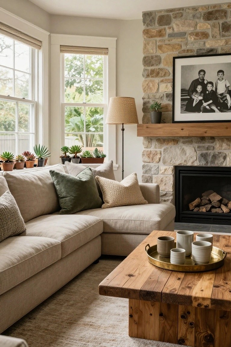 A beige L-shaped sofa in a light-walled living room facing a stacked stone fireplace with burning logs, wooden coffee table holding ceramic cups on a brass tray, potted succulents on windowsills, and a black-framed family photo on the wooden mantel.