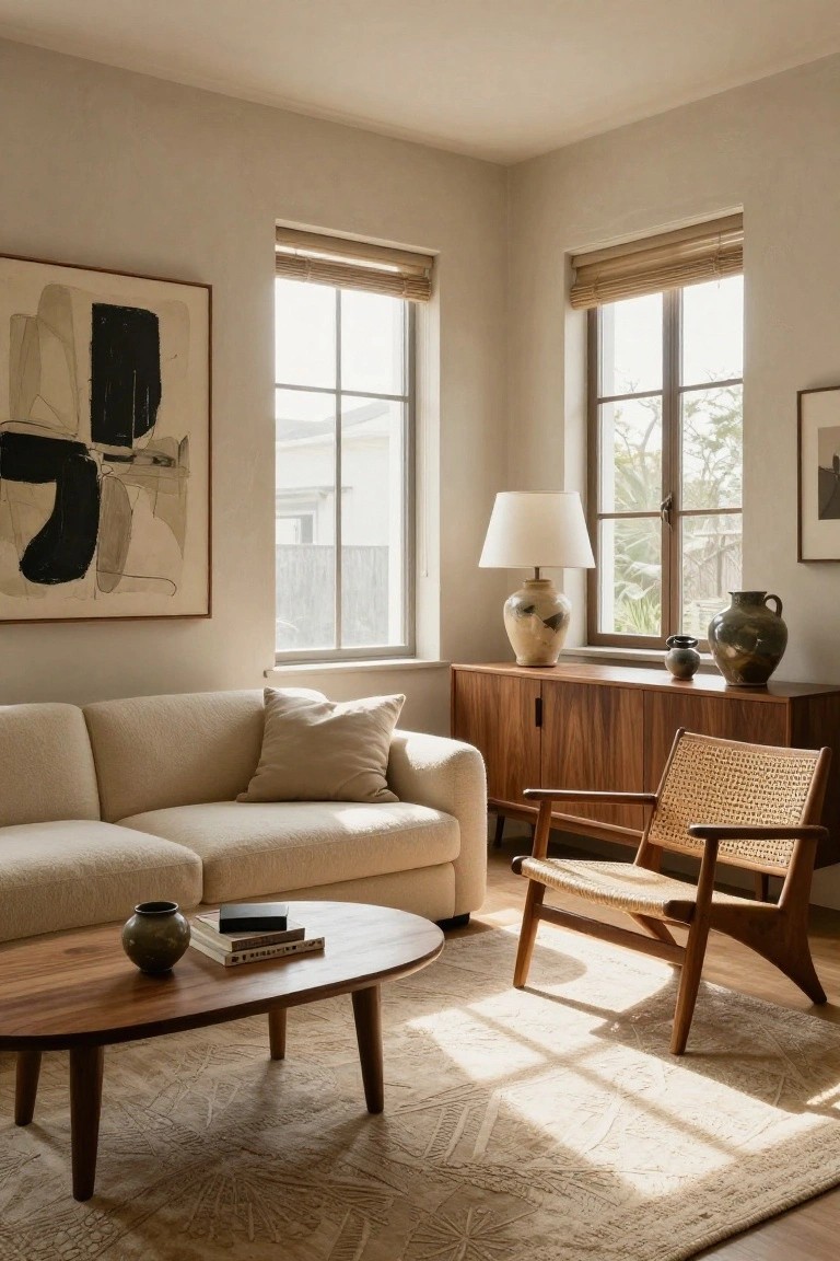 A light beige living room with cream sofa, oval wood coffee table holding a vase and books, rattan armchair, wooden credenza topped with lamp and pottery, abstract wall art, and bamboo-shaded windows.