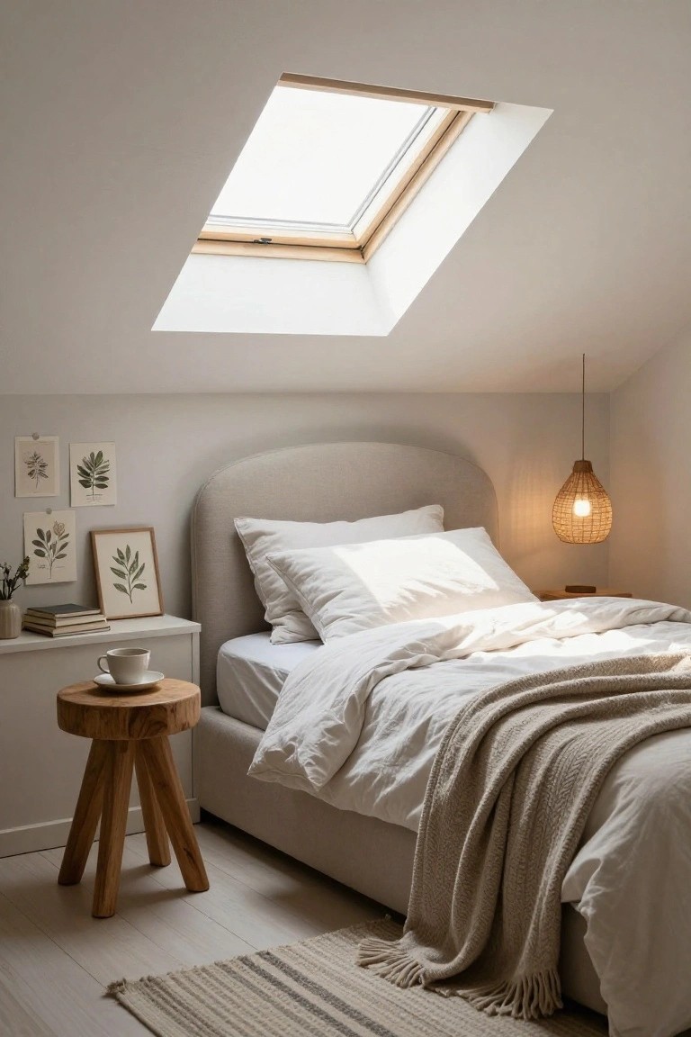Attic bedroom with sloped ceiling and open skylight above a low beige upholstered bed dressed in white sheets and knit throw, wooden stool holding teacup nearby, rattan pendant lamp, botanical prints on walls, and light wood floor with striped rug.