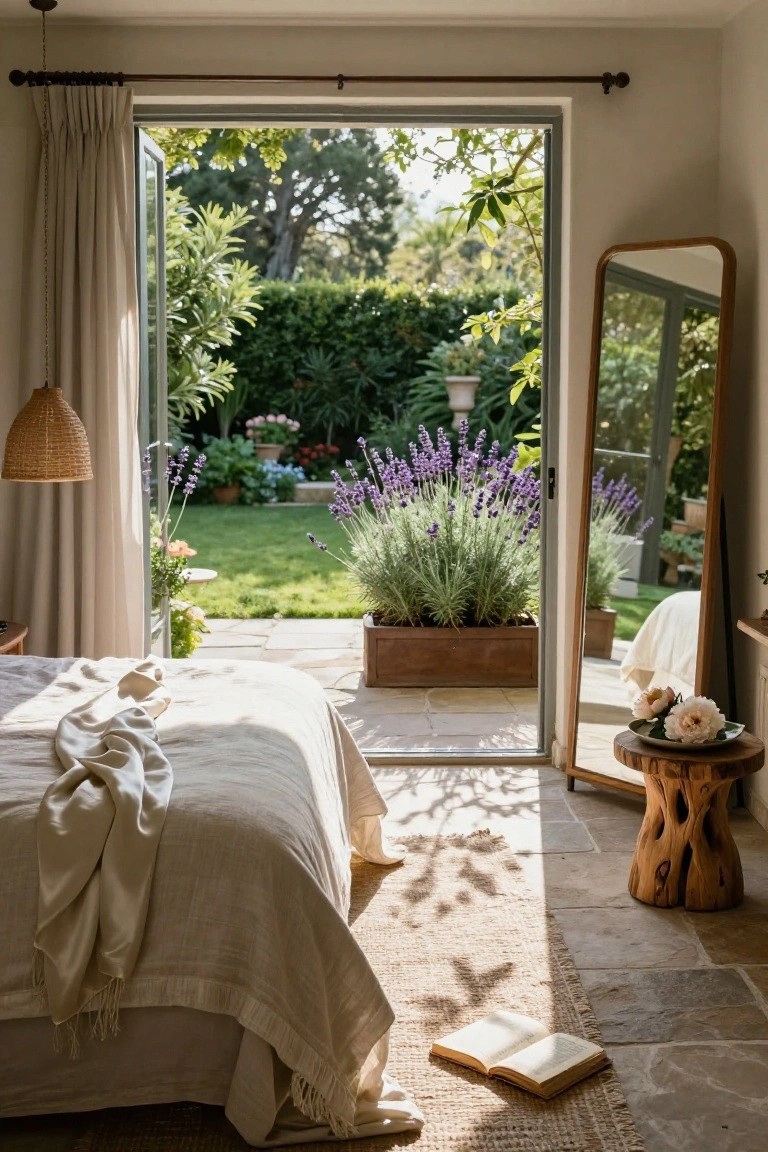 Sunlit bedroom with white rumpled linens on low bed, open French doors to lush garden with lavender plants in wooden box and greenery, full-length wood mirror, woven pendant light, carved wood stool with flowers, open book on terracotta floor with seagrass rug.