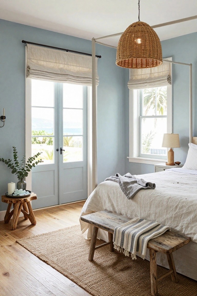 Bedroom with pale blue walls, white four-poster bed draped in white linens and gray throw, open French doors to ocean view with palms, rattan pendant light, wooden stool with eucalyptus and candle, bedside table with lamp, foot bench, and jute rug on wood floor.
