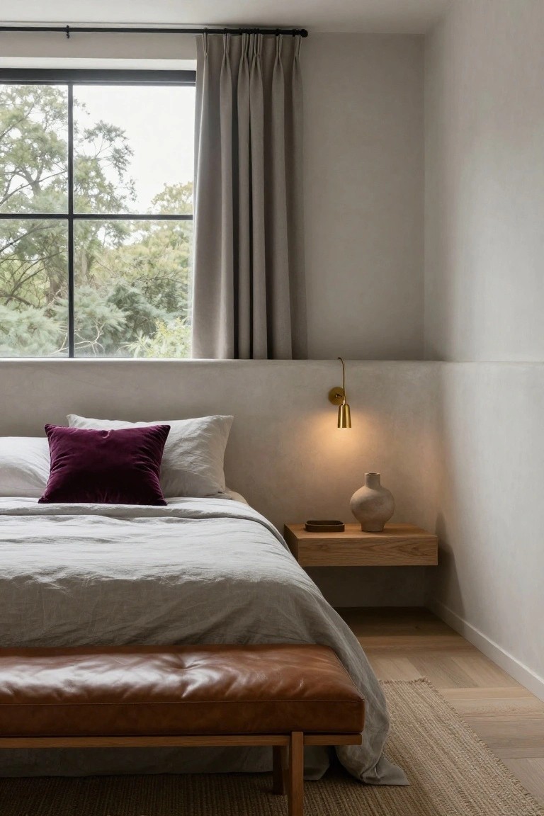 Modern minimalist bedroom with low bed in white linens and purple velvet pillow, floating wooden nightstand with beige vase and small tray, curved gold wall sconce lit up, tan leather bench on wood frame at bed foot, large black-framed window with gray curtains overlooking green trees, light wood floors and neutral textured walls.