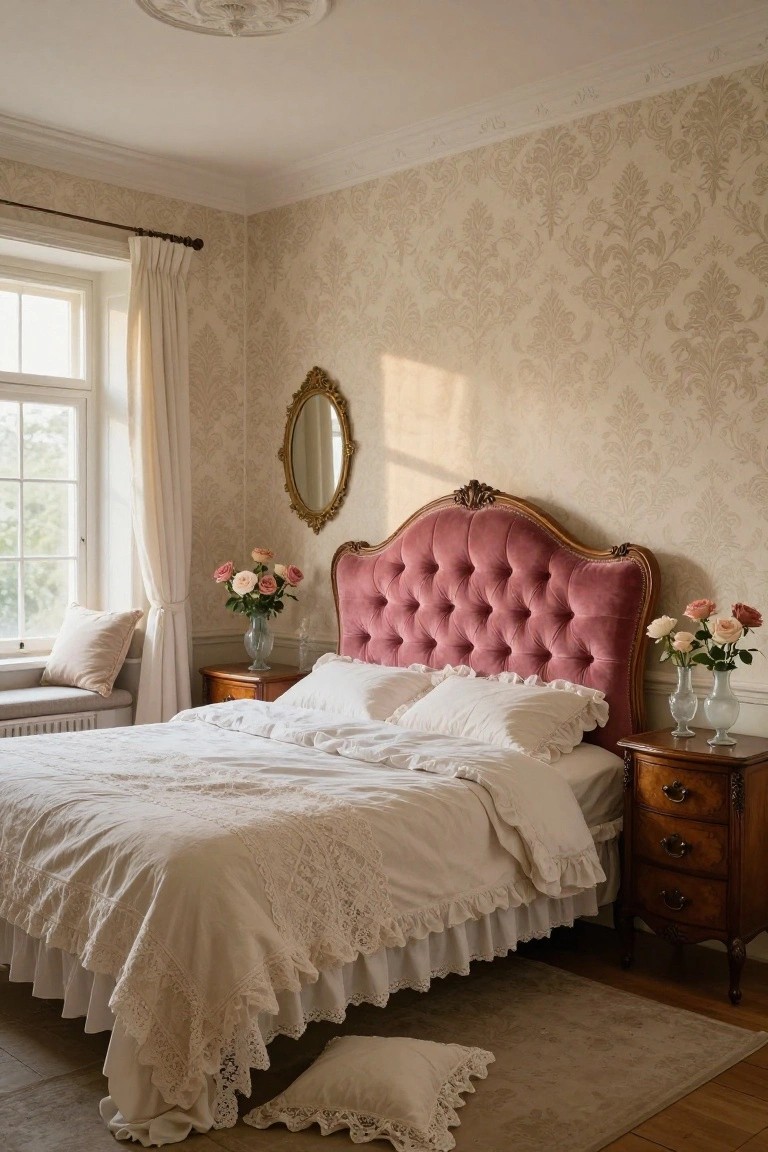 A bedroom interior with a pink tufted velvet headboard on a carved wooden bed frame, white lace-trimmed bedding, two antique wooden nightstands holding vases of pink roses, cream floral wallpaper, a round gold mirror, and a window with white curtains.