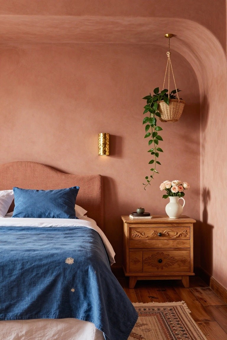 Bedroom with curved terracotta walls, blue linen bedspread and pillows on upholstered rust headboard, wooden nightstand with white vase of pink roses and books, hanging green plant in basket, gold wall light, and patterned rug on wood floor.