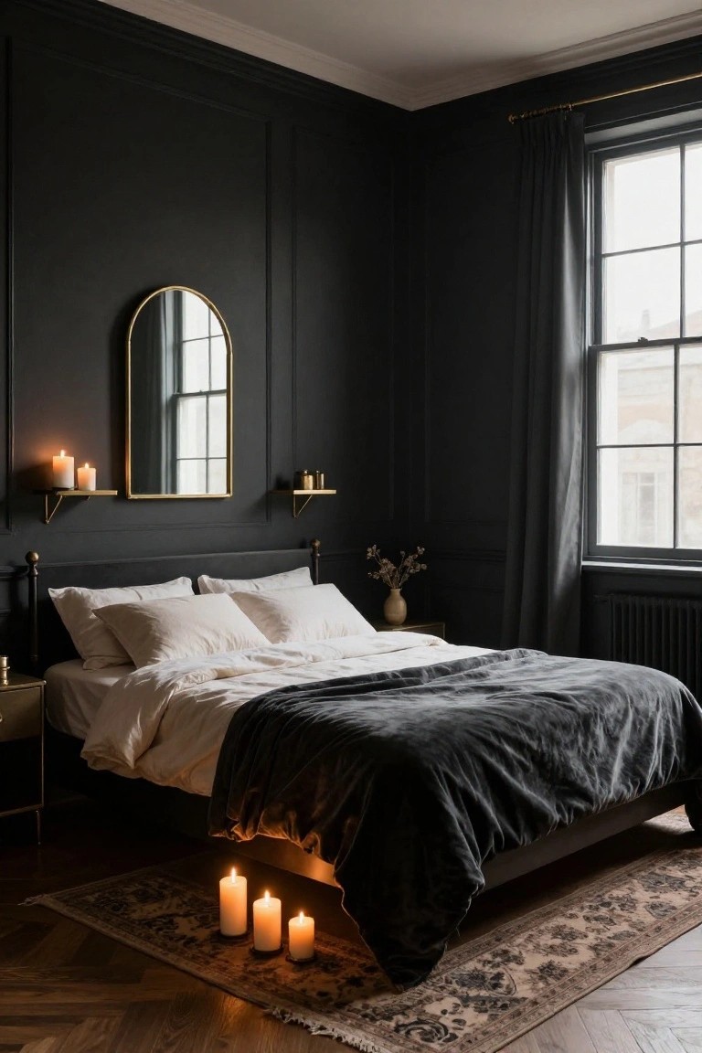 Bedroom with black paneled walls, gold arch mirror flanked by candles on shelves, upholstered bed with white sheets and gray blanket, dried flowers on nightstand, floor candles, patterned rug, and herringbone wood floors.