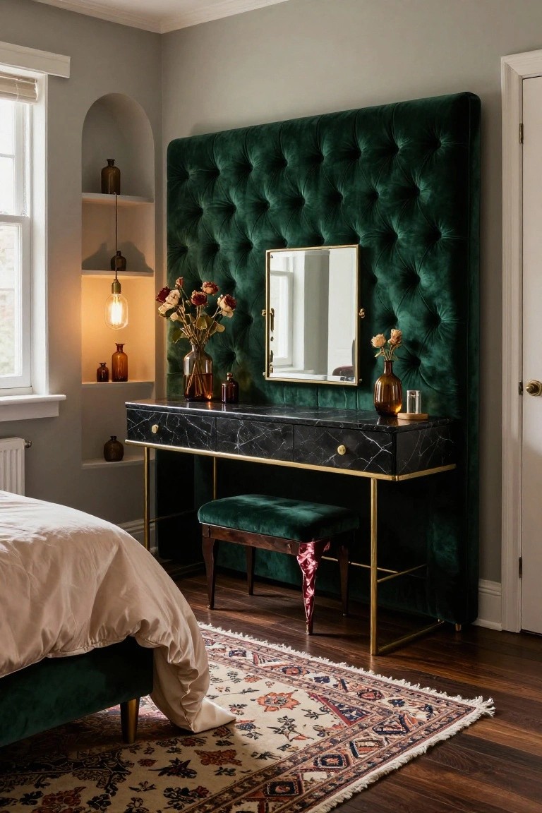 Bedroom interior with large emerald green velvet tufted headboard, black marble vanity with gold frame and drawers, green velvet stool, white bed linens on green bed frame, arched wall niche with glass bottles, and wood floor with patterned rug.