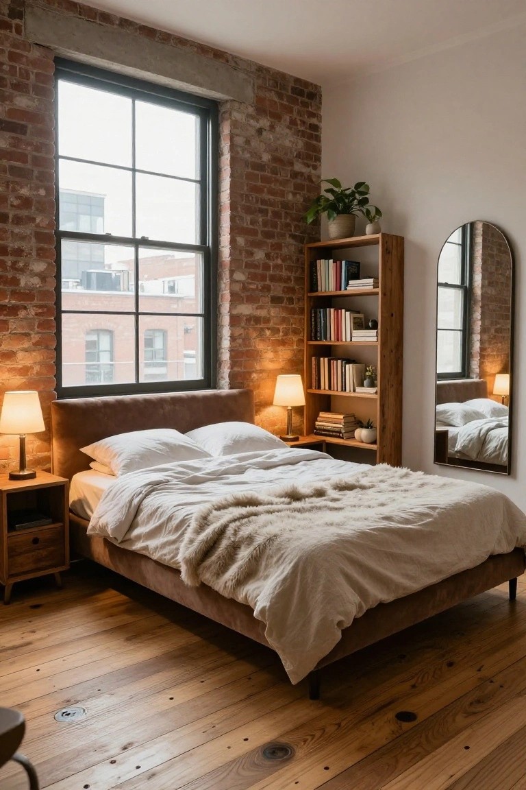 Cozy bedroom with exposed red brick wall, large black-framed windows overlooking buildings, wooden bookshelf filled with books, tan upholstered bed with white sheets and fur throw, bedside lamps, arched floor mirror, and hardwood floors.